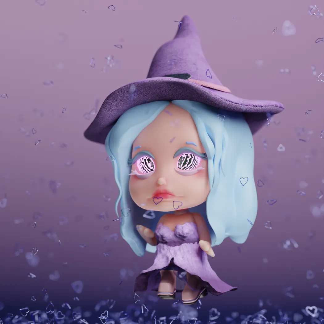 a 3d render of a cartoon witch character, large head, purple outfit and witch hat, surrounded by tiny metal hearts